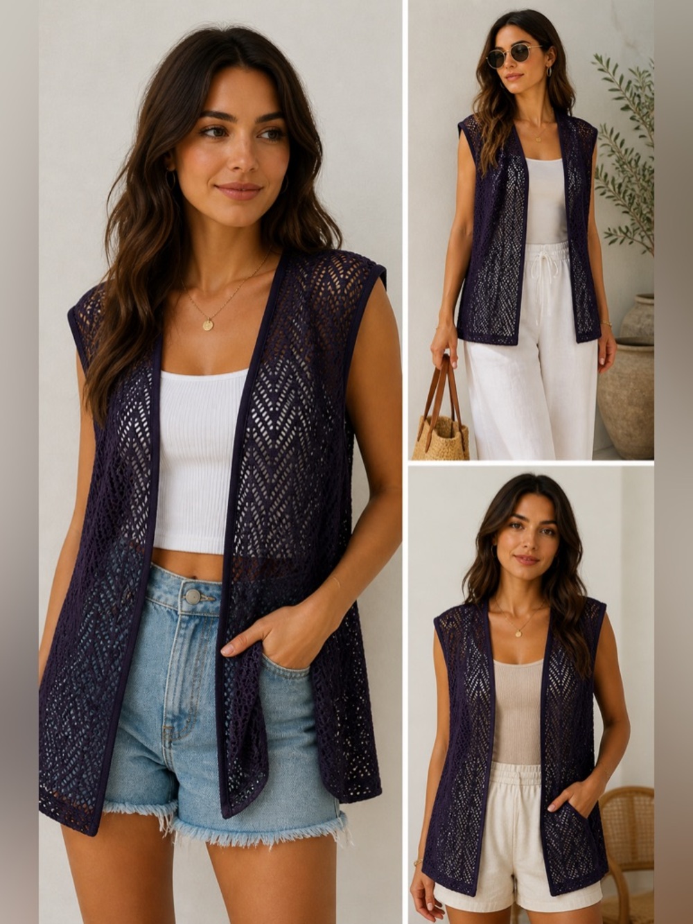 VINTAGE | Cassada Open Crochet Woven Vest in Eggplant Plum Boho Canadian Made